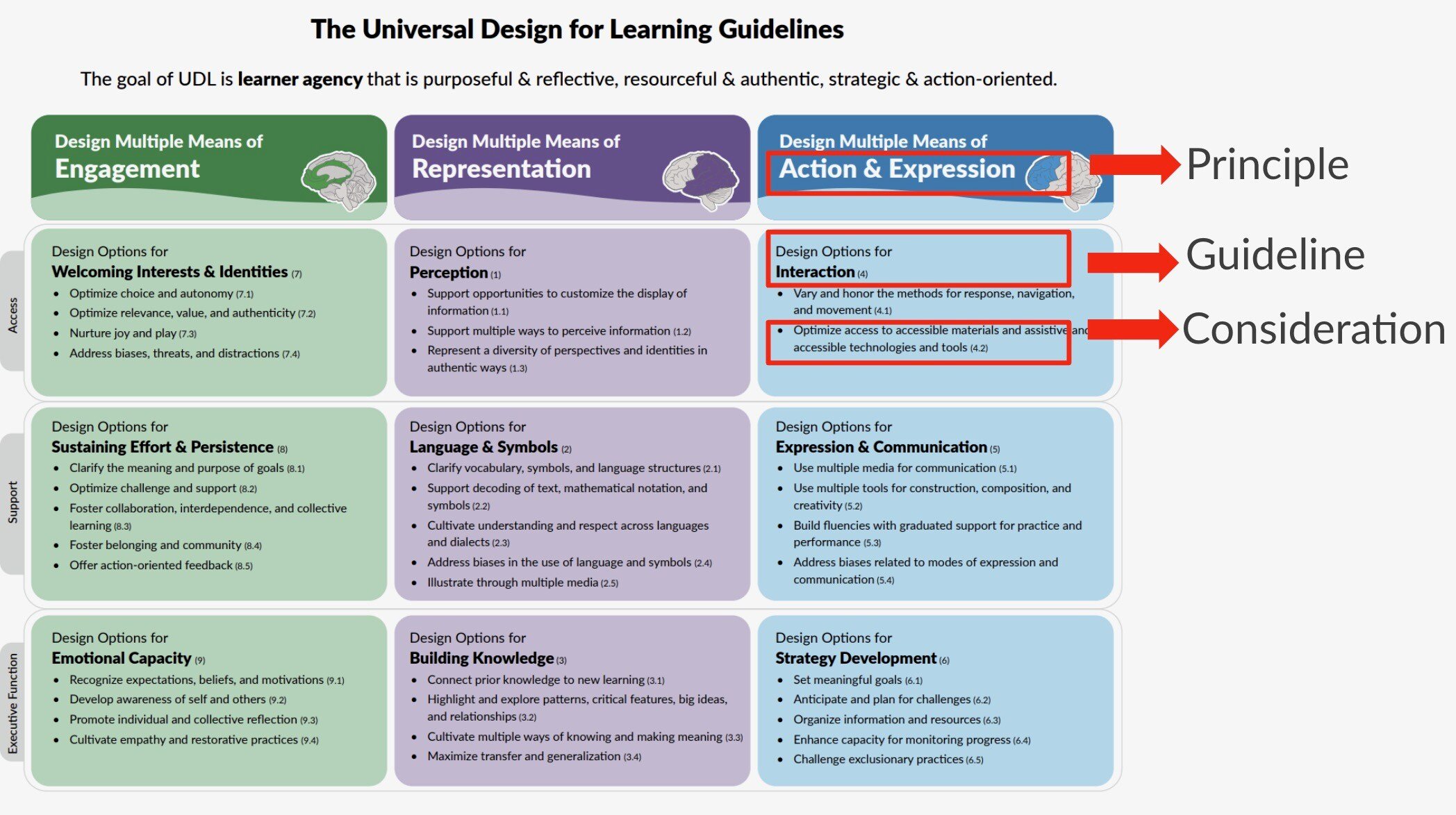 The UDL 3.0 Guidelines broken down into three principles (engagement, representation and action & expression), 9 guidelines + considerations